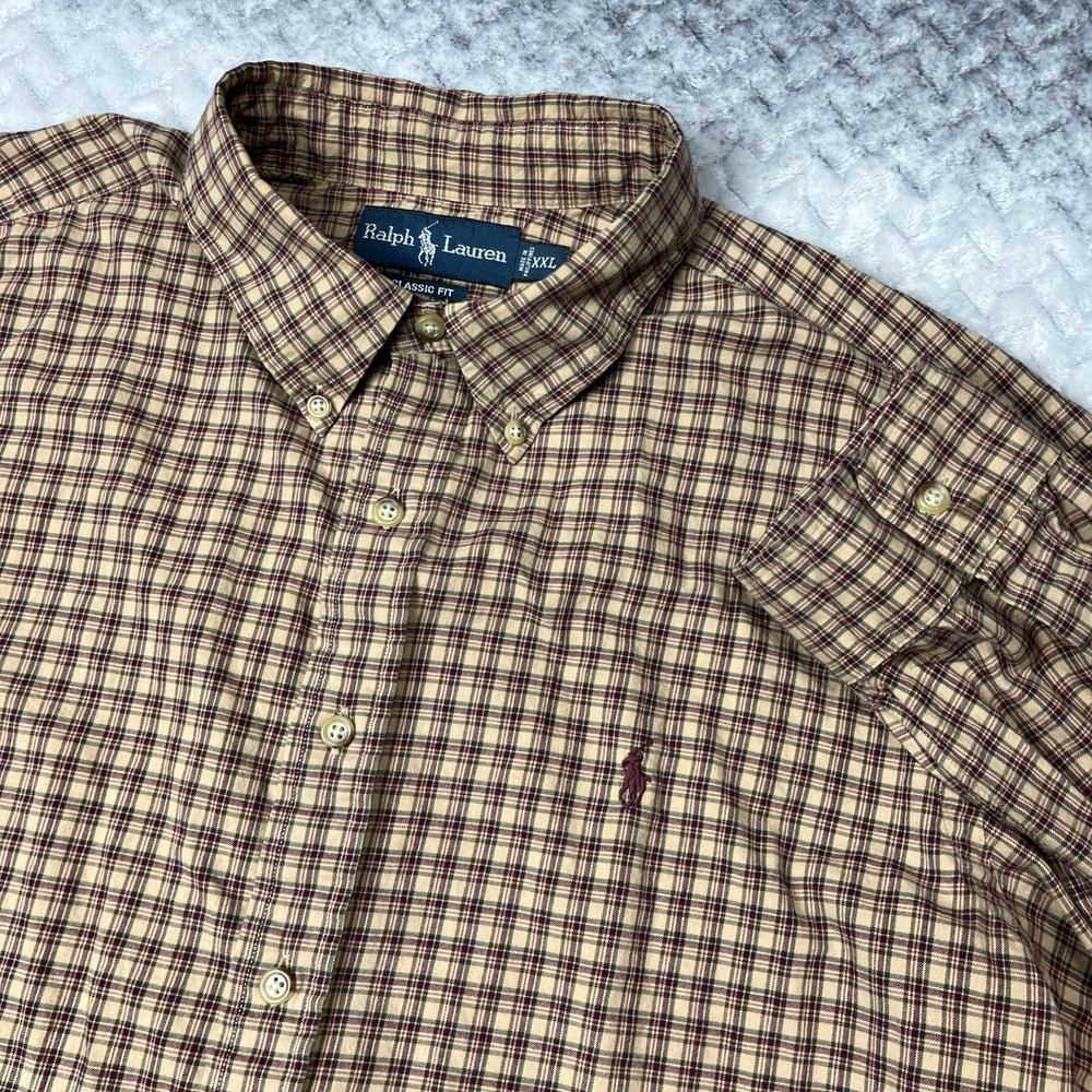 Ralph Lauren Shirt Mens‎ XXL Classic Fit Tan Brown Plaid Button Down Polo Pony